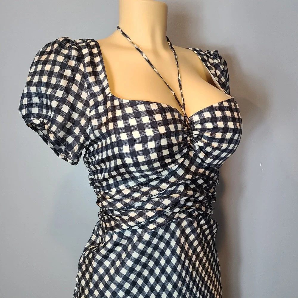 J crew collection tie neck maxi dress cap sleeve gingham black sz 12 Cottage NEW